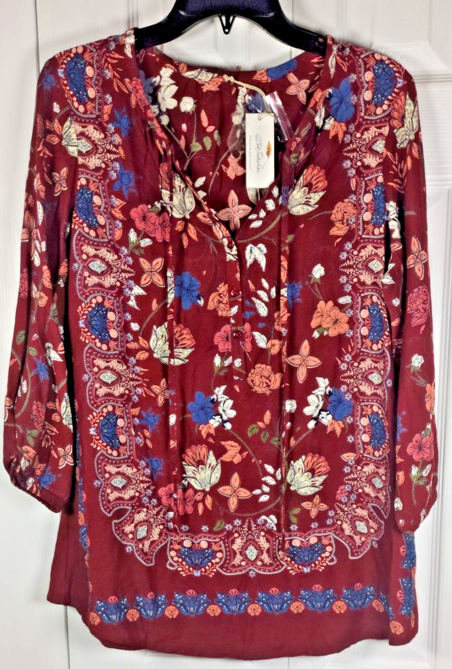 NWT Bob Timerlake Tunic Blouse Womens M Red Sun Dried Tomato Floral Boho Peasant
